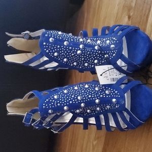 Blue Embellished Faux Suede Wedge Heels